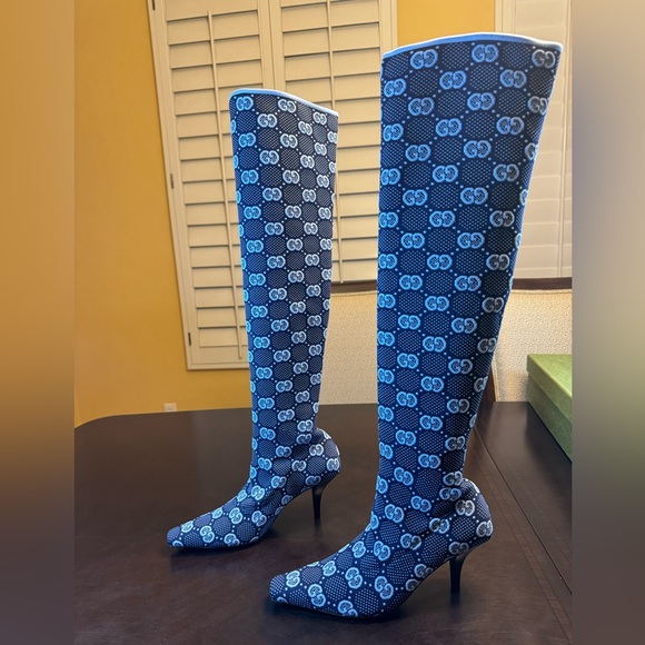 New Gucci GG Supreme Logo Knit Blue Knee High Boots Size 37.5 / US 7.5 - Picture 3 of 16